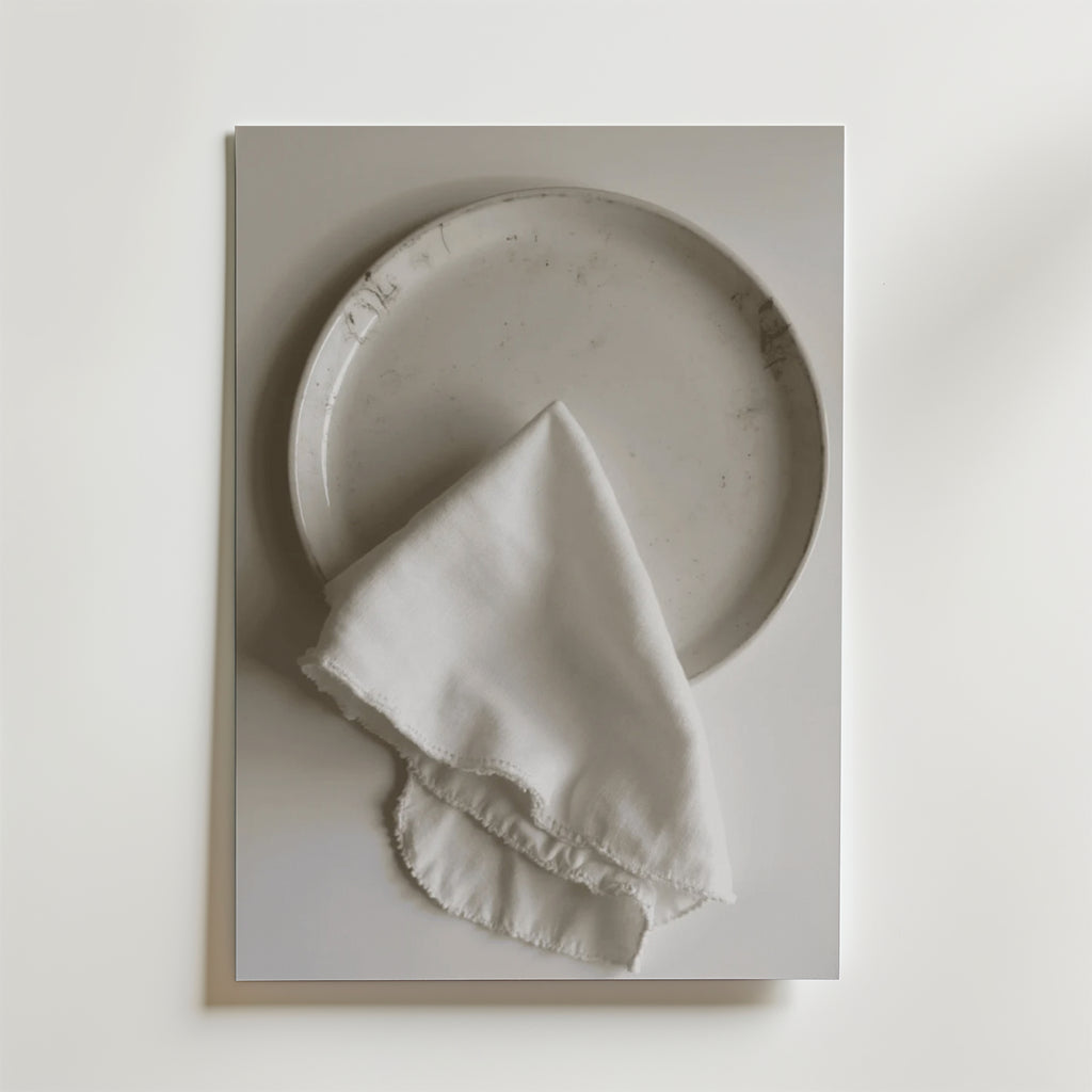 En Bozetto White linen dinner napkin Poster visar en vit keramiktallrik som toppas med en fransig vit linneservett, allt mot en vit bakgrund med en lyxig matt finish.