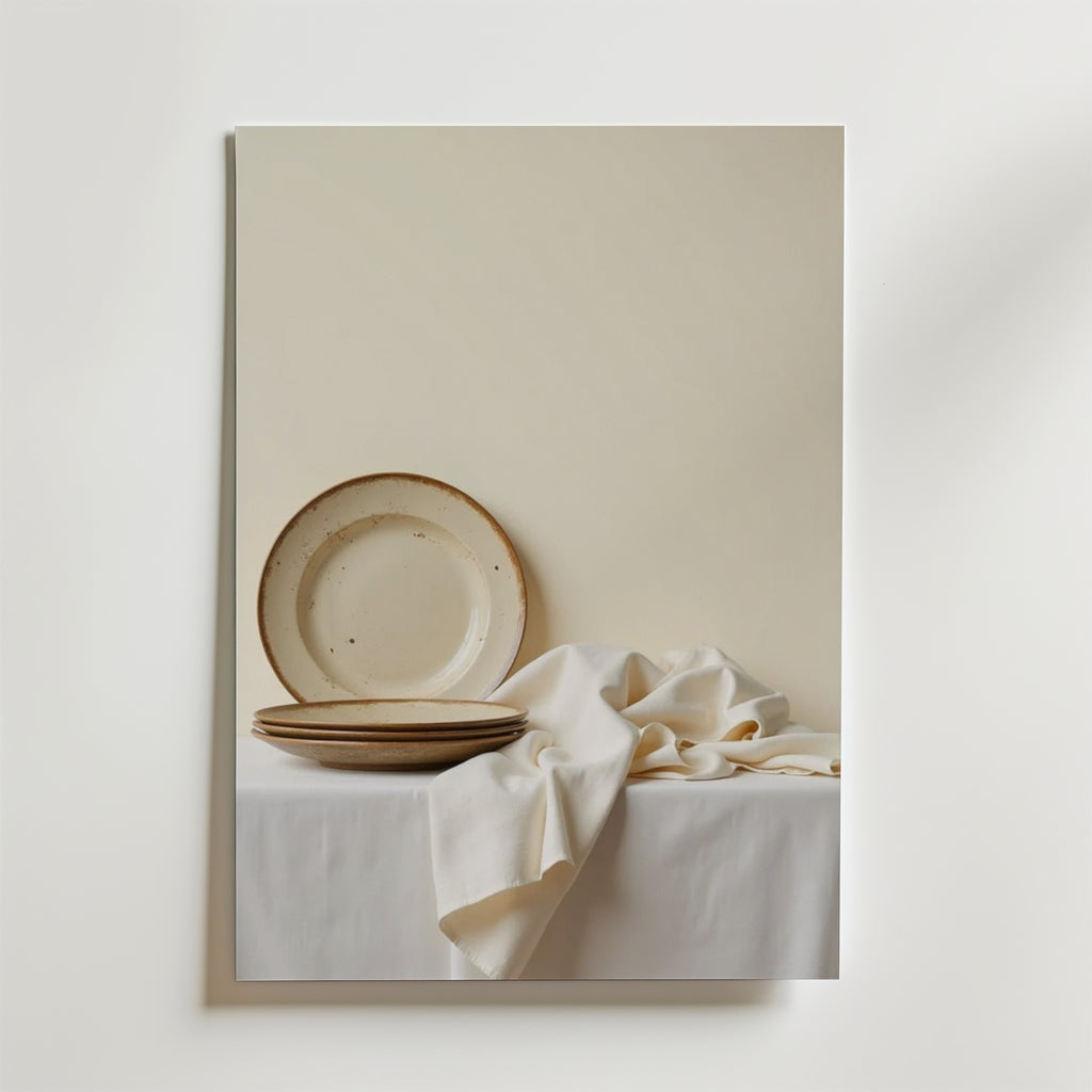 Ett minimalistiskt foto visar upp Bozetto Rustic Dinner Plate Poster, som föreställer staplade keramiktallrikar, en upprätt tallrik och en skrynklig vit duk på ett vitt bord med en beige bakgrund.