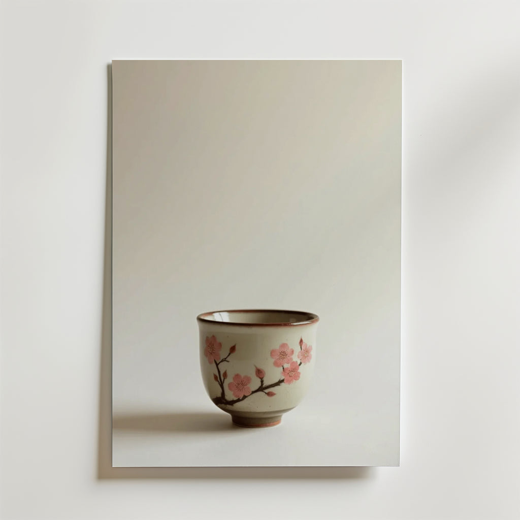 Bozetto Cherry Blossom Ceramic Cup Poster visar en keramikkopp med rosa körsbärsblommor och grenar mot en ljus bakgrund. Affischen är tryckt på premiumpapper och ger elegans och hållbar kvalitet till alla utrymmen.