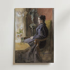 Carl Larsson Eva Upmark Poster by Bozetto föreställer en klassisk nordisk konstscen: en kvinna i viktoriansk klänning sitter vid ett fönster bland blommor, med en skulptur och en varmt tonad vägg bakom sig, som för tankarna till Carl Larssons lugna interiörer.