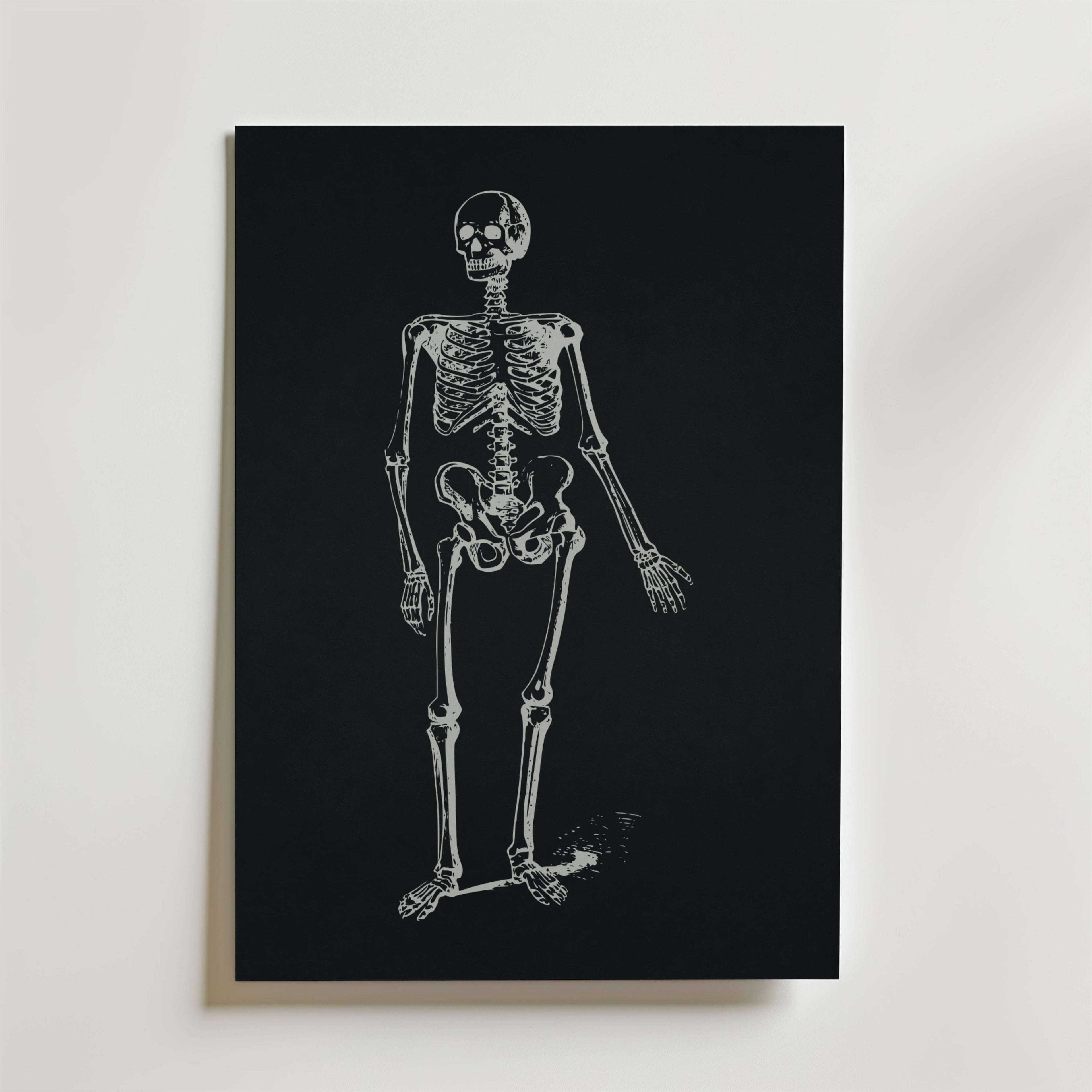 Dancing Skeleton Poster från Bozetto visar ett vitt anatomiskt skelett på en svart bakgrund, vilket skapar slående svartvit konst mot en vanlig vit vägg.