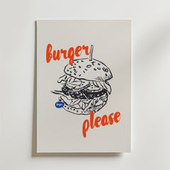 Bozetto "Burger Please Poster" har en hamburgerteckning i svart linje på en vit bakgrund med orange kursiv text - perfekt köksdekoration för alla moderna kök.