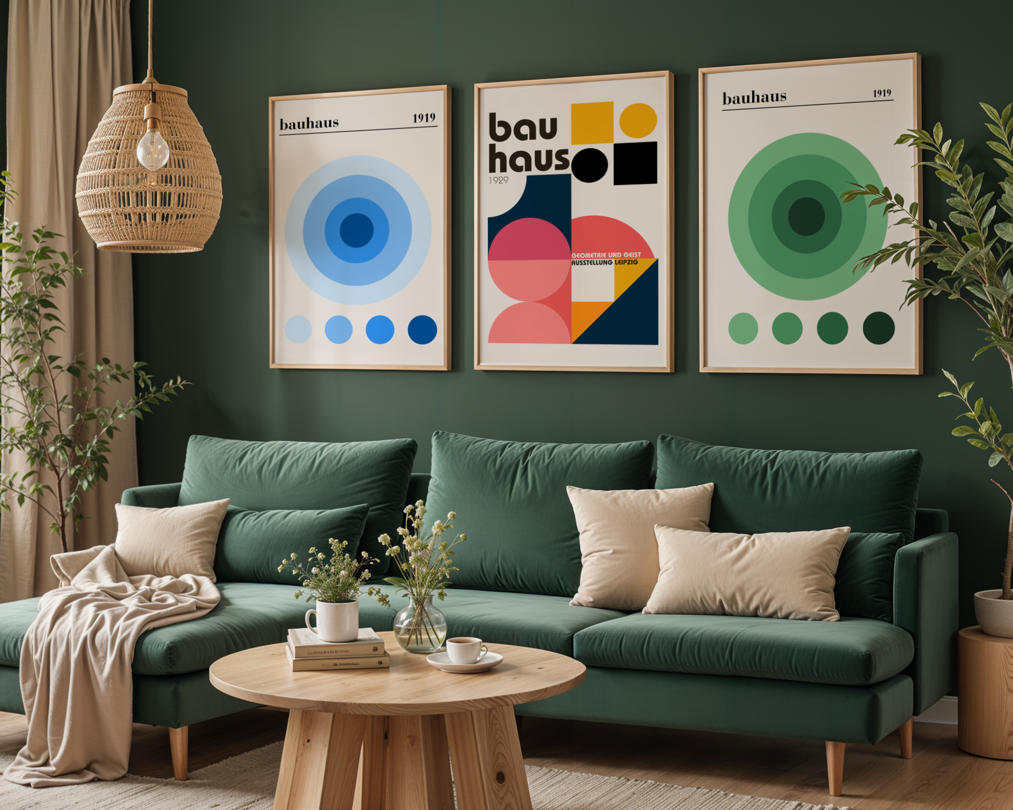 Ett mysigt vardagsrum med en grön soffa, beige kuddar, ett soffbord i trä och växter. Ovanför soffan skapar Bozetto Bundle 3-pack Bauhaus No. 1 en slående tavelvägg med tre geometriska tryck på den mörkgröna väggen.