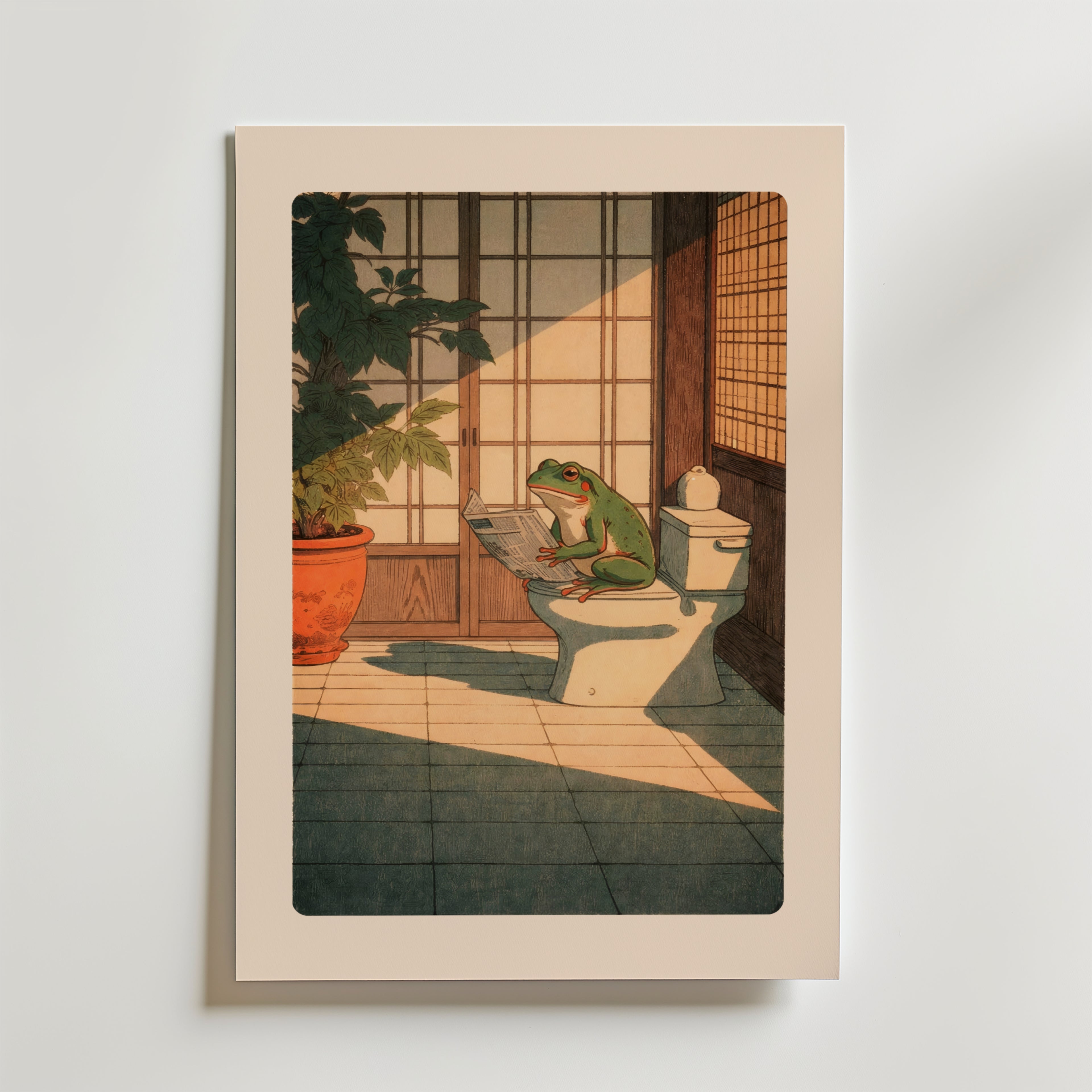Morning Paper Frog Poster – En charmig och humoristisk poster som kombinerar lugn estetik med lekfull fantasi.