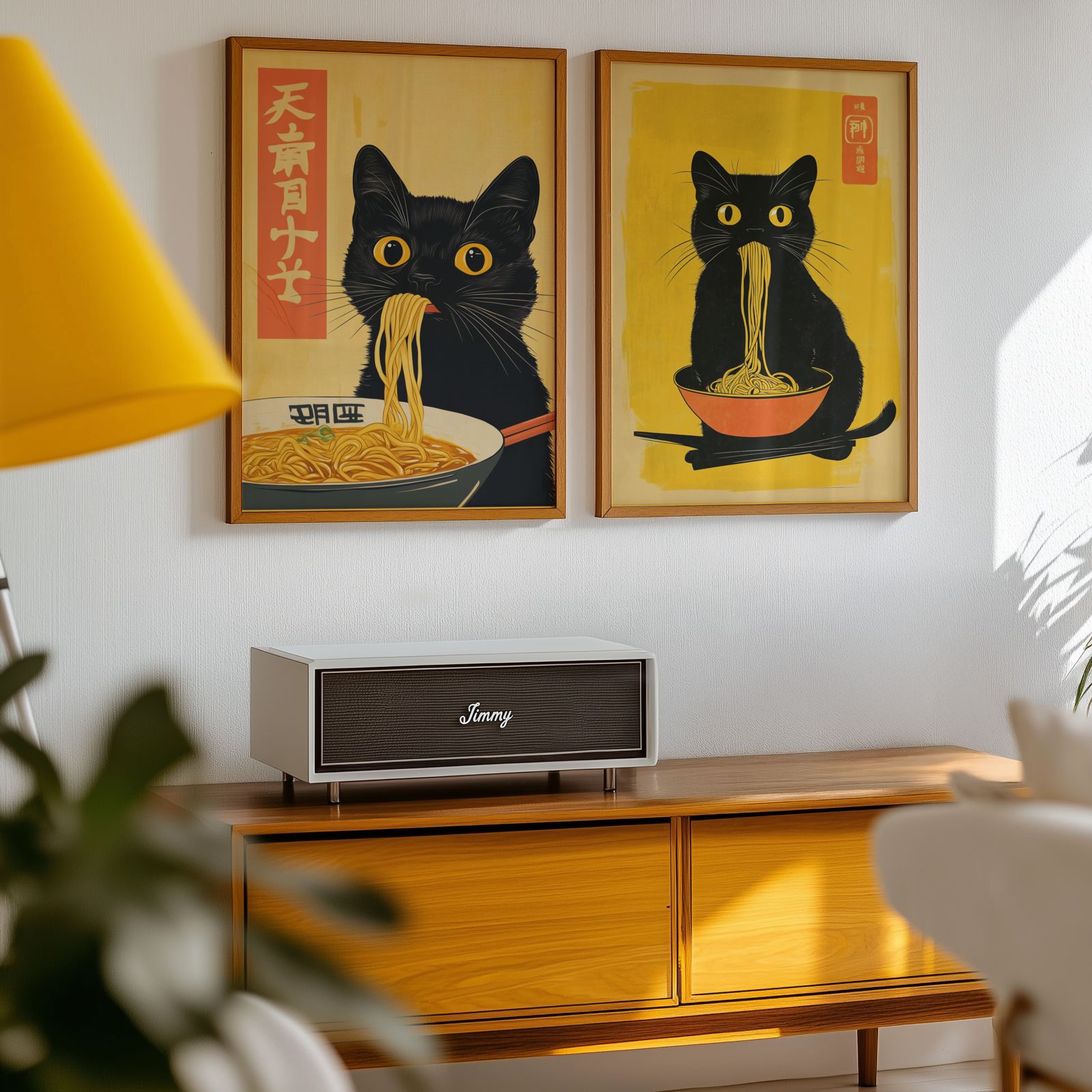 I ett modernt rum från mitten av århundradet finns en träkonsol, en vintageradio, en gul lampa och Bozettos Bundle 2-pack Japandi Katter No. 1-tryck av svarta katter ovanför konsolen.