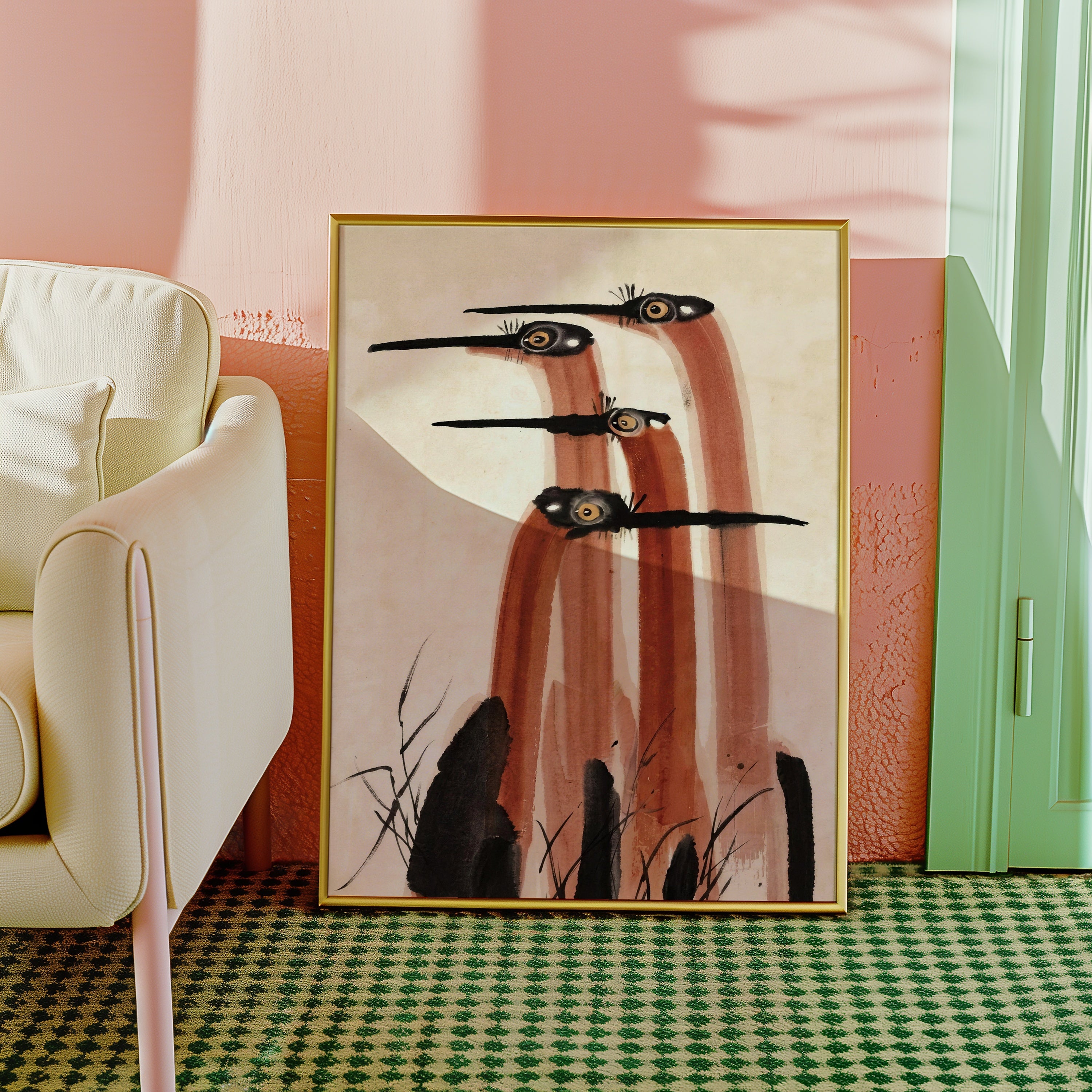 Ink Cranes Terracotta Poster i rum