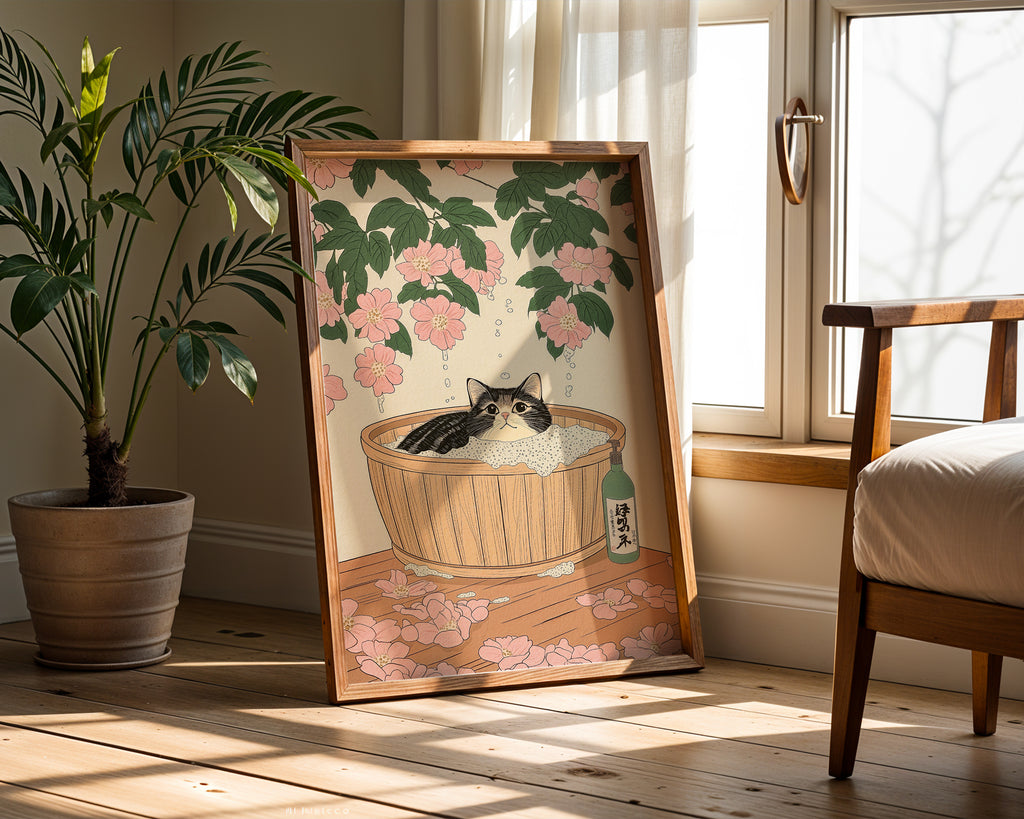 Cat In Sakura Bath Poster
