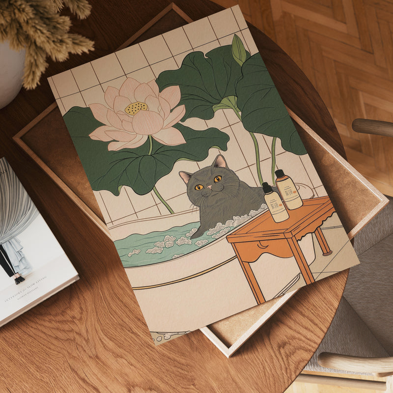 Lotus Bath Cat Poster