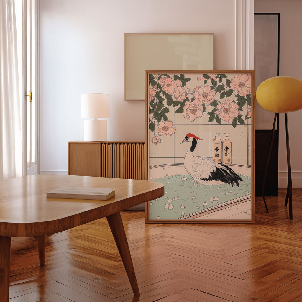 Crane In Blossom Bath Poster