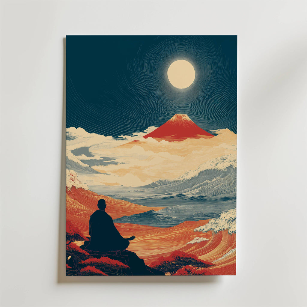 Bozetto Japanese Meditation Poster föreställer en lugn figur som mediterar under fullmånen, med utsikt över vågor och Mount Fuji i rika röda, blå och krämfärgade toner - en lugnande scen för visuell meditation.