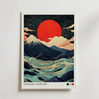 Bozetto's Japanese Landscape Abstract Poster har en modern, stiliserad japansk scen med en röd sol, snöiga Mount Fuji, virvlande vågor, dramatiska moln och "JAPANESE LANDSCAPE" längst ner.
