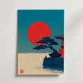 Bozetto Japanese Zen Poster har minimalistisk konst av en bonsai på en avsats vid vatten, en stor röd sol och en japansk byggnad mot en lugn blå himmel, som fångar japansk stillhet.