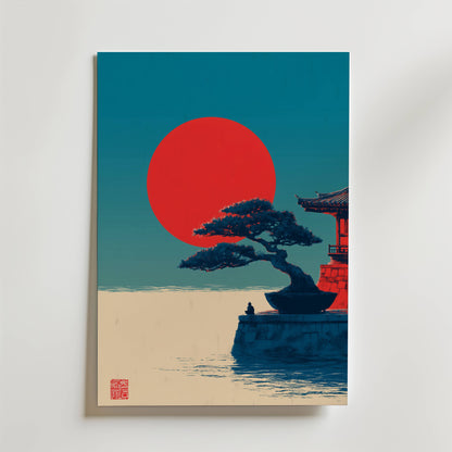 Bozetto Japanese Zen Poster har minimalistisk konst av en bonsai på en avsats vid vatten, en stor röd sol och en japansk byggnad mot en lugn blå himmel, som fångar japansk stillhet.