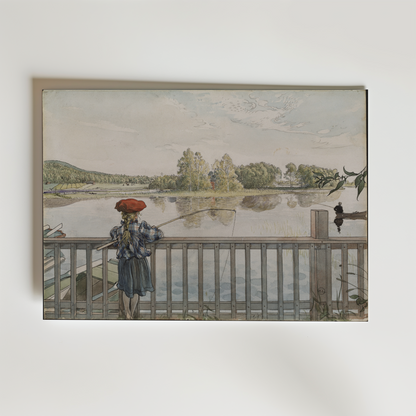 Bozetto Carl Larsson Lisbeth Angling Poster föreställer en ung flicka i blå klänning och röd hatt på en brygga vid en lugn sjö, och fångar vackert den lugna stämningen i Larssons ikoniska scen.