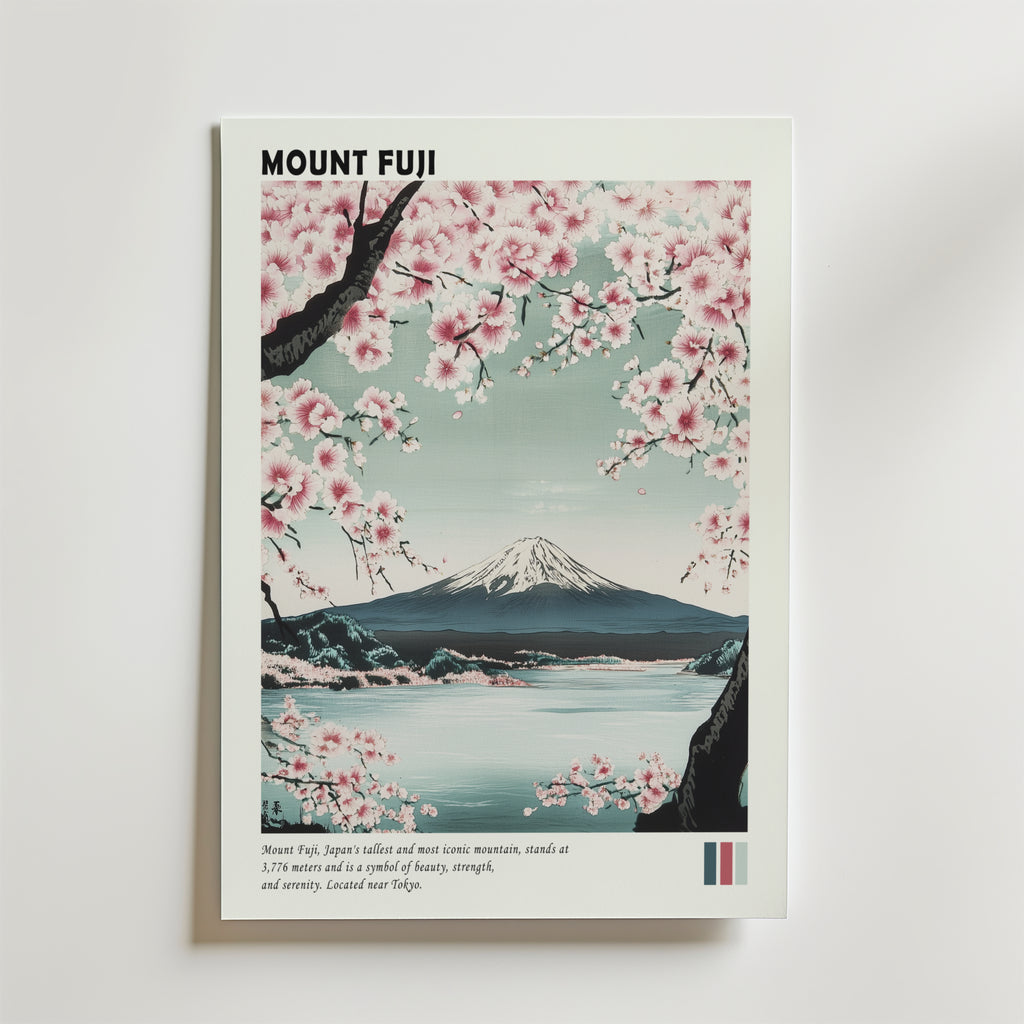Mount Fuji Japan Poster från Bozetto visar det ikoniska berget inramat av blommande körsbärsblommor, en stilla sjö och klar himmel. Texten lyfter fram Mount Fuji som Japans högsta och mest kända topp.