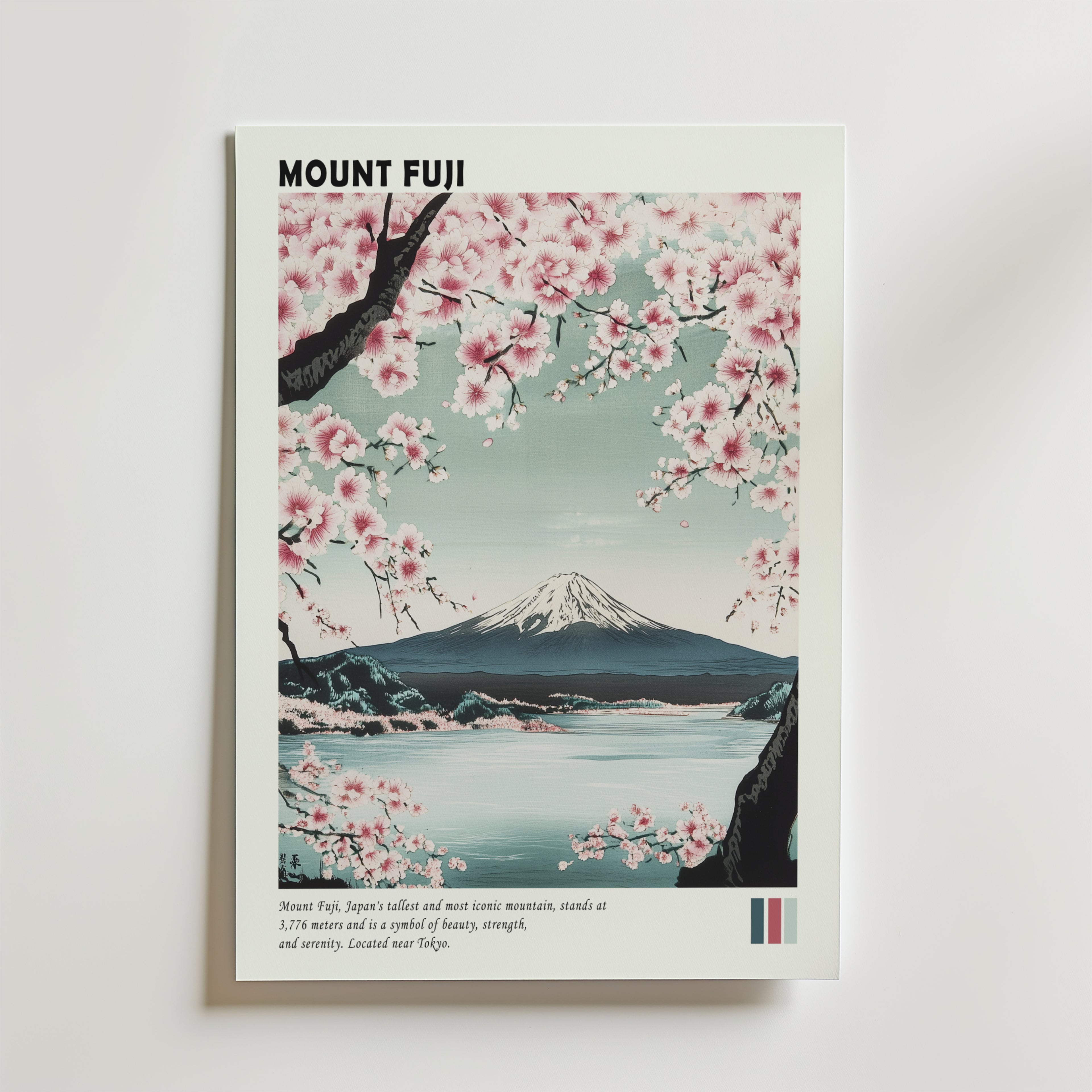 Mount Fuji Japan Poster från Bozetto visar det ikoniska berget inramat av blommande körsbärsblommor, en stilla sjö och klar himmel. Texten lyfter fram Mount Fuji som Japans högsta och mest kända topp.