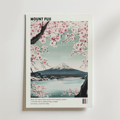 Mount Fuji Japan Poster från Bozetto visar det ikoniska berget inramat av blommande körsbärsblommor, en stilla sjö och klar himmel. Texten lyfter fram Mount Fuji som Japans högsta och mest kända topp.