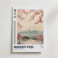 Mount Fuji Poster från Bozetto föreställer körsbärsträd framför Fuji, japansk elegans med japanska tecken, fet text "Mount Fuji Cherry Blooms" och "Tokyo 1988" på en pastellfärgad bakgrund.