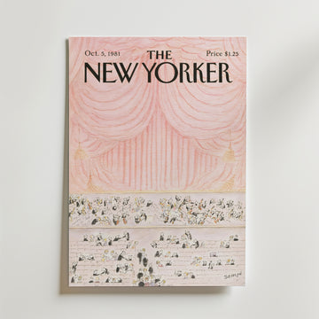 New Yorker Grand Curtain 1981 Poster – En elegant och minimalistisk poster med mjukt draperade teatergardiner i pudriga rosa