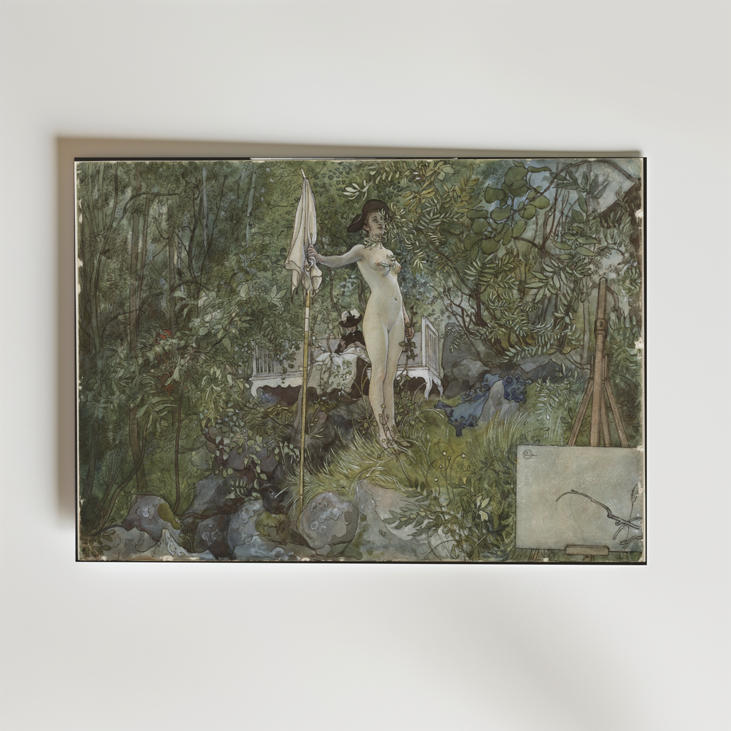 Bozetto Carl Larsson Open-Air Studio Poster föreställer en naken kvinna utomhus med en vit flagga, omgiven av träd och buskar nära ett konstnärsstaffli, vilket fångar en lugn och kreativ scen.