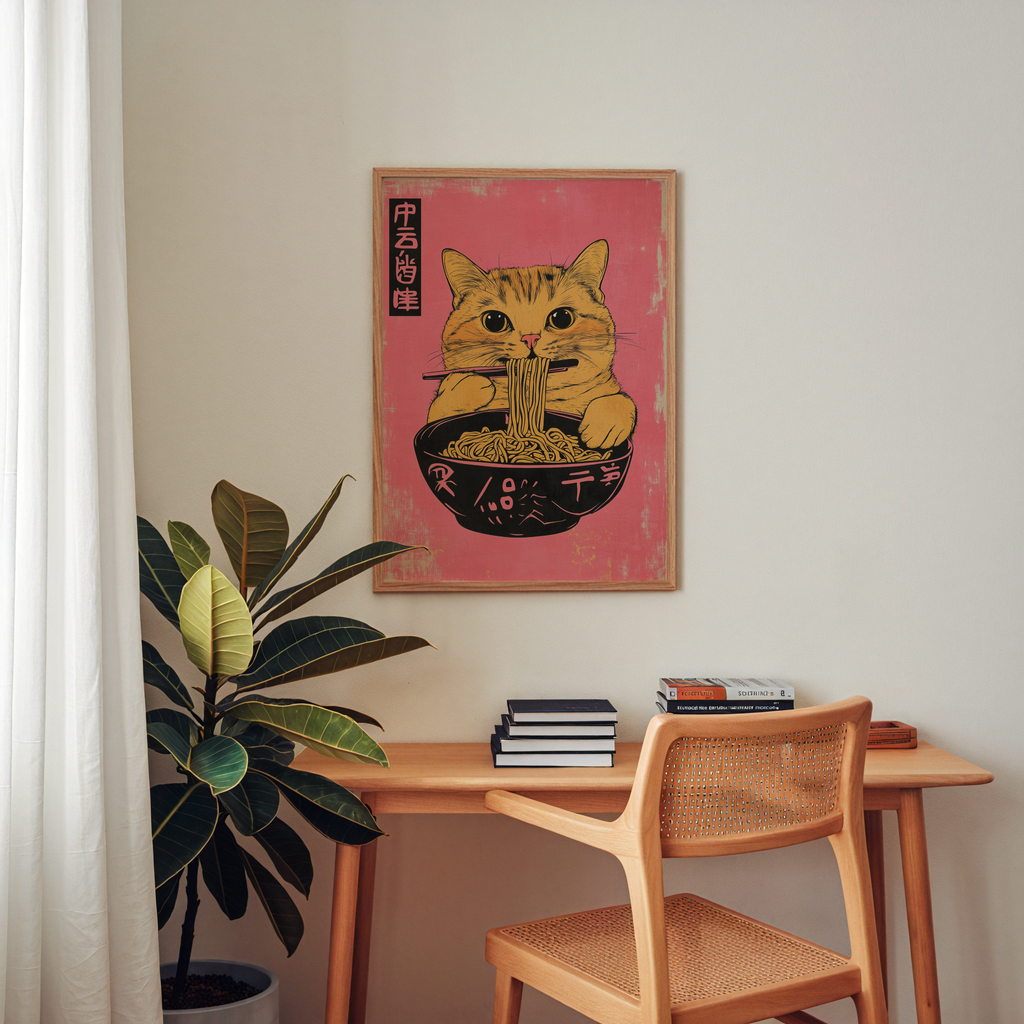 Yellow Cat Eats Noodle Poster