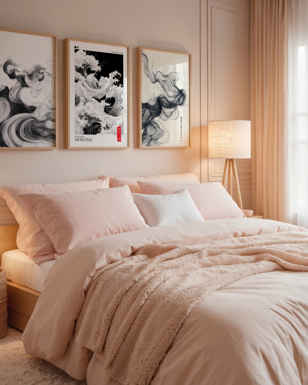 Ett mysigt sovrum har en prydligt bäddad säng i rosa och beige, naturligt ljus och en Bozetto Bundle 3-pack Japandi No. 2 ovanför huvudgaveln - tre abstrakta vågtryck, inklusive en Hokusai Wave Poster - som framkallar japansk estetik.