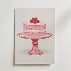 Bozetto Raspberry Cake Poster visar en minimalistisk illustration av en bärtoppad tårta i lager på ett stativ, i rosa och café-estetiska nyanser, mot en vit bakgrund för tidlös charm.