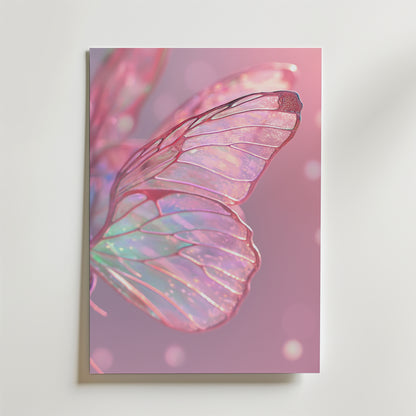 Whispers of Wings Poster by Bozetto föreställer en fjärilsvinge mot en mjukt rosa bakgrund som skimrar i rosa, lila och blå toner - ett förtrollande konstväggsmotiv med fina, upplysta vingdetaljer.