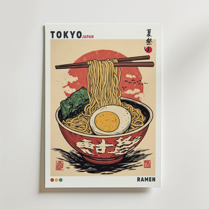 Bozetto Retro Ramen Bowl Poster föreställer en stiliserad skål med nudlar, ägg, tång och ätpinnar framför en röd sol, med texten TOKYO JAPAN på japanska - perfekt för ramenälskare och älskare av japansk matkultur.