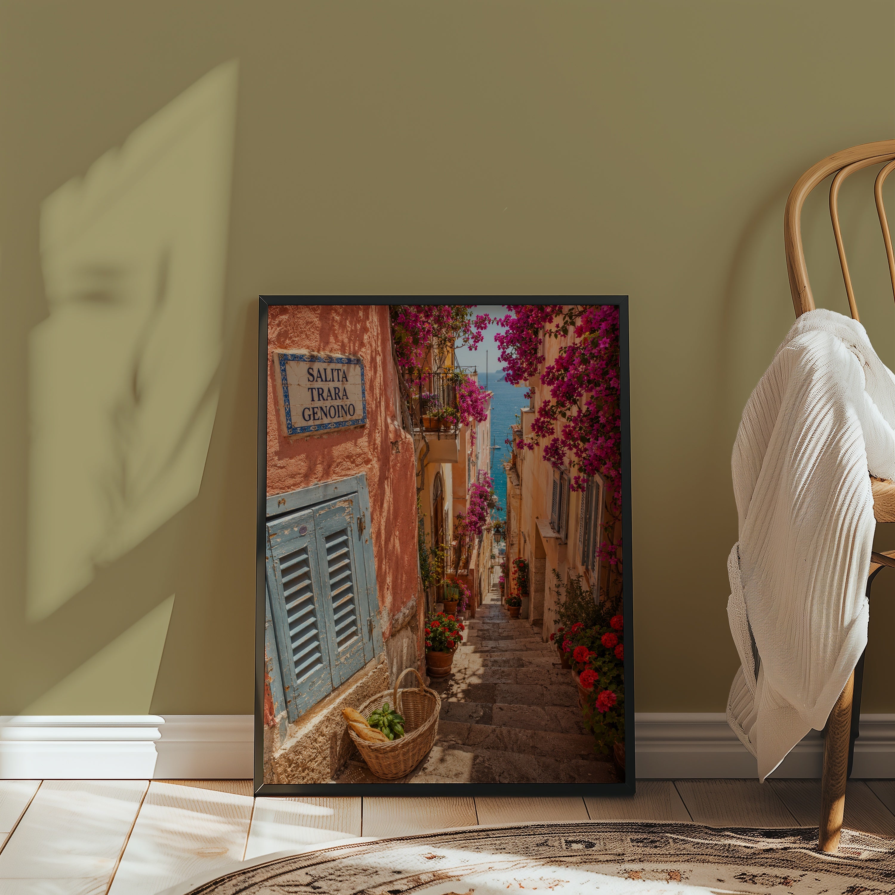 Marco Ricci Salita Trara Genoino Poster – smal blomstertrappa längs klipporna vid Amalfikusten