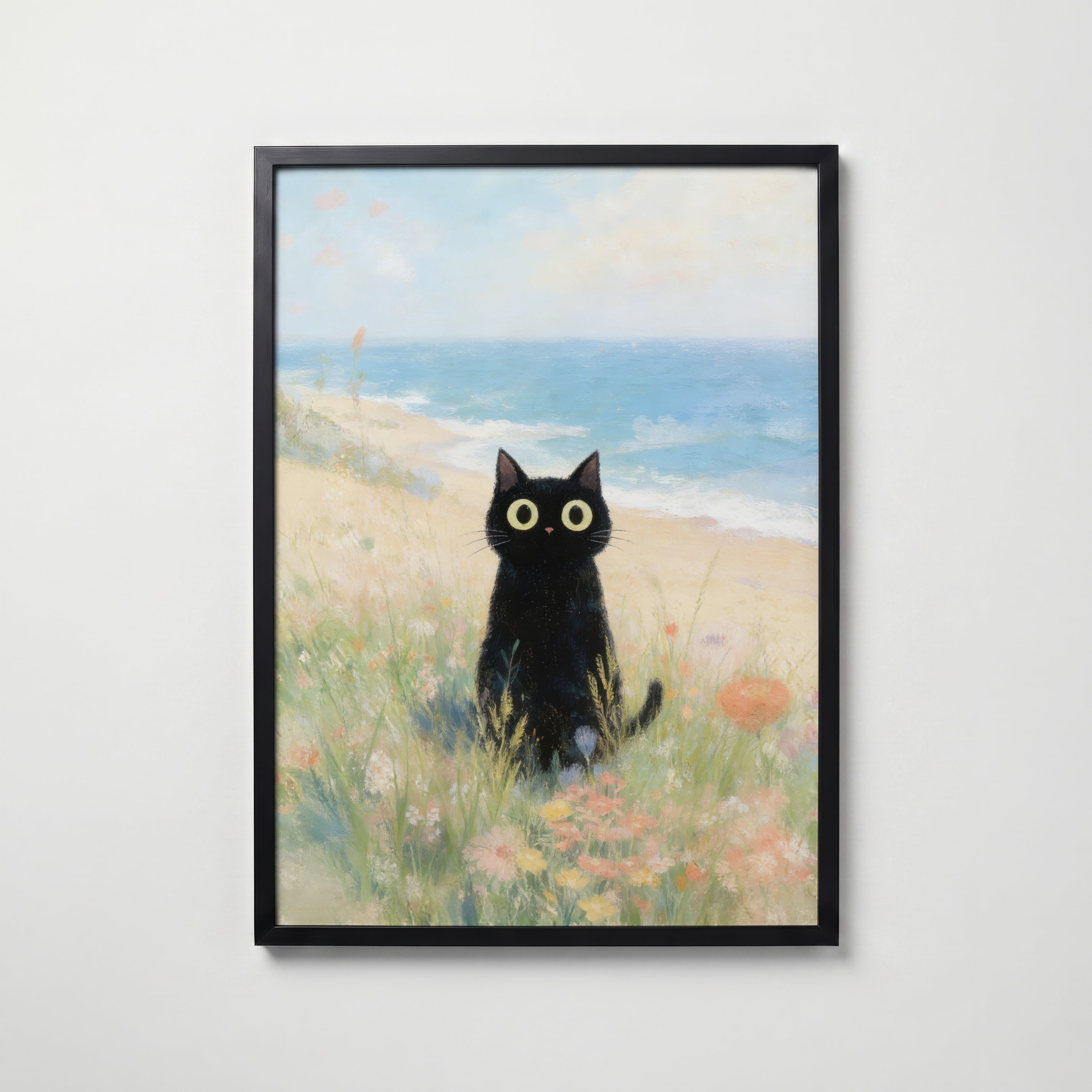 Seaside Meadow Cat poster visad rakt fram – Bozetto affisch i hög tryckkvalitet i hög tryckkvalitet