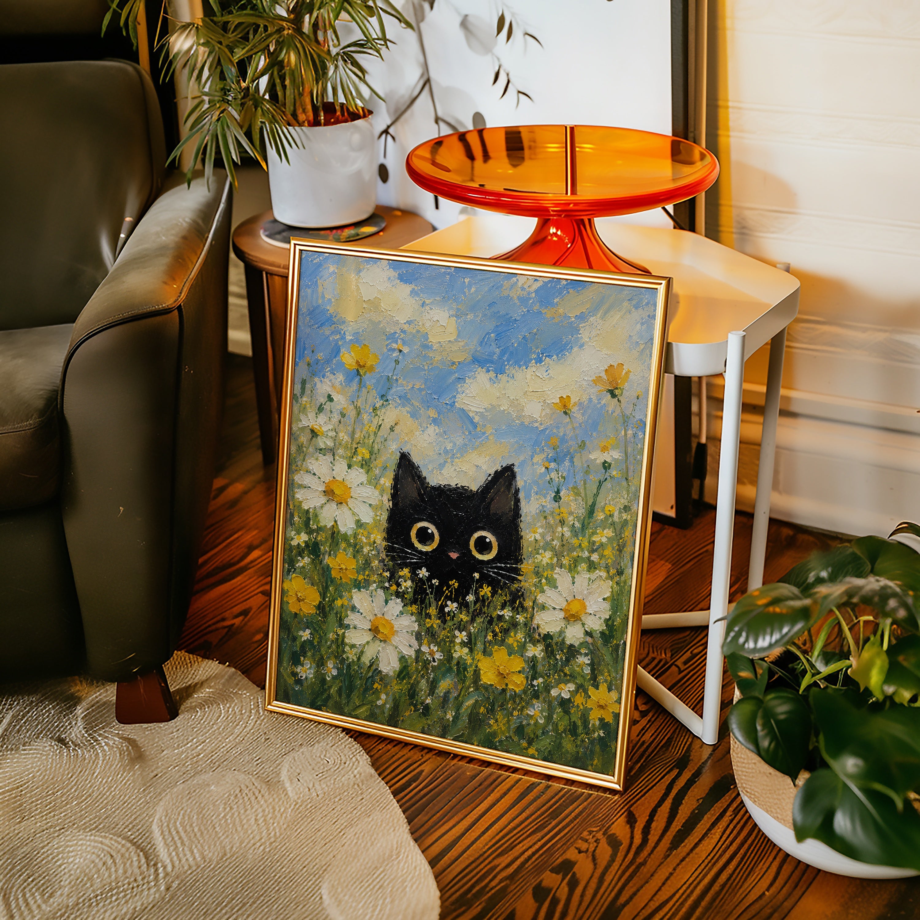 Summer Cat Poster – svart katt bland sommarblommor i ljust vardagsrum, väggkonst från Bozetto