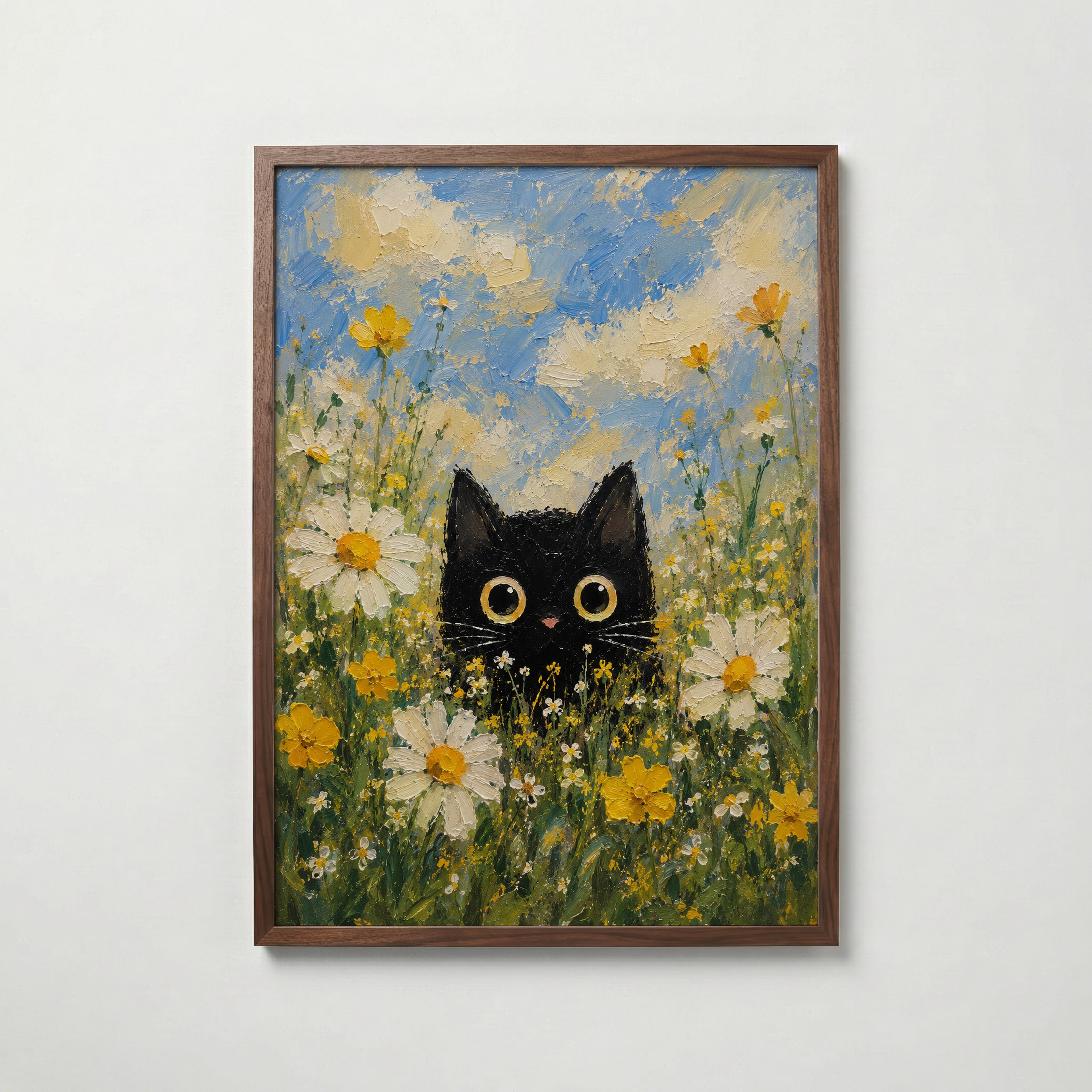Summer Cat Poster – svart katt bland sommarblommor i valnötsram, konst från Bozetto