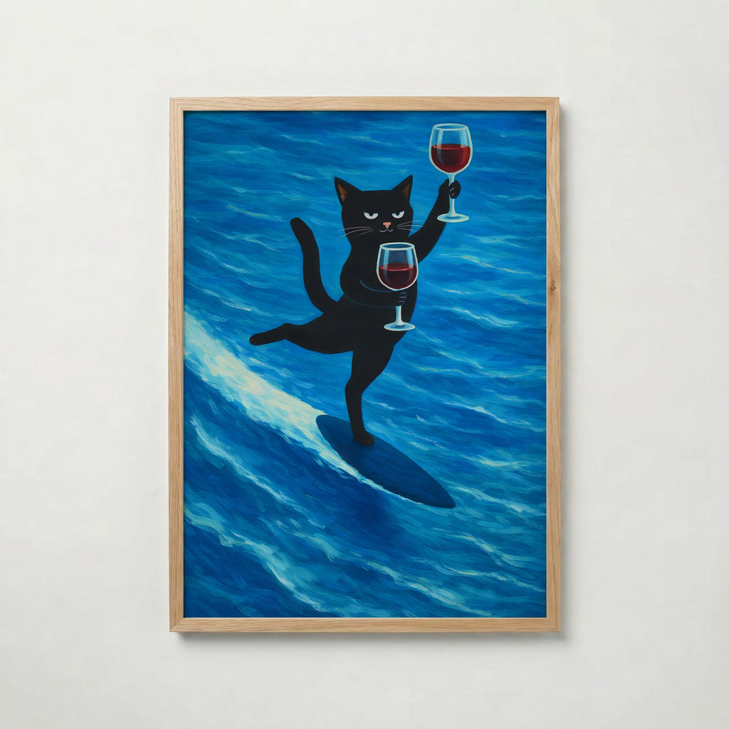 Surfing Wine Cat Poster
