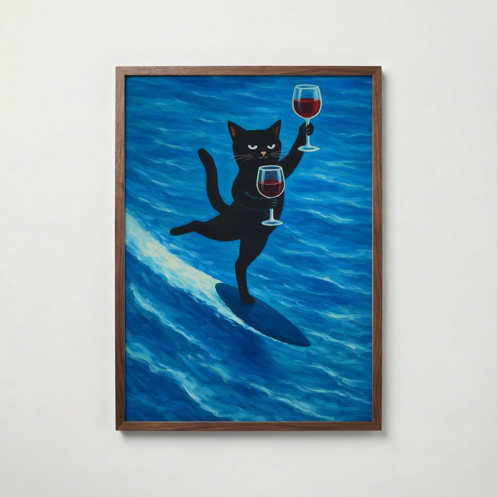 Surfing Wine Cat Poster