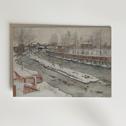 Bozettos affisch "Carl Larsson The Timber Chute" föreställer en lugn och snöig flodlandskap med kala träd och hus som för tankarna till lugna svenska vinterdagar med snötäckta tak under en blek himmel - ett klassiskt vintermotiv.