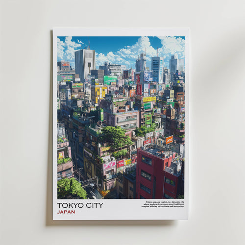 Bozetto Tokyo City Japan Poster visar en levande stadsbild med tätt packade byggnader, livliga skyltar, grönska på taken och en ljusblå himmel med moln över stadens silhuett.