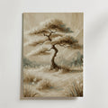 En sepiatonad Bozetto Serene Nature Tree Poster, med ett ensamt vridet träd med skira bladverk på gräs, målad med mjuka penseldrag, hänger på en vit vägg - tryckt på FSC-certifierat premiumpapper.