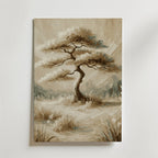 En sepiatonad Bozetto Serene Nature Tree Poster, med ett ensamt vridet träd med skira bladverk på gräs, målad med mjuka penseldrag, hänger på en vit vägg - tryckt på FSC-certifierat premiumpapper.