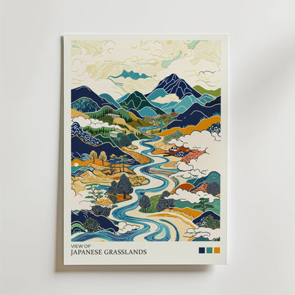 Bozetto "View of Japanese Grasslands Poster" har djärva konturer och livfulla mönster för att avbilda Japans inre gräsmarker, med slingrande floder, böljande kullar och dynamiska moln som fångar naturens rytm.