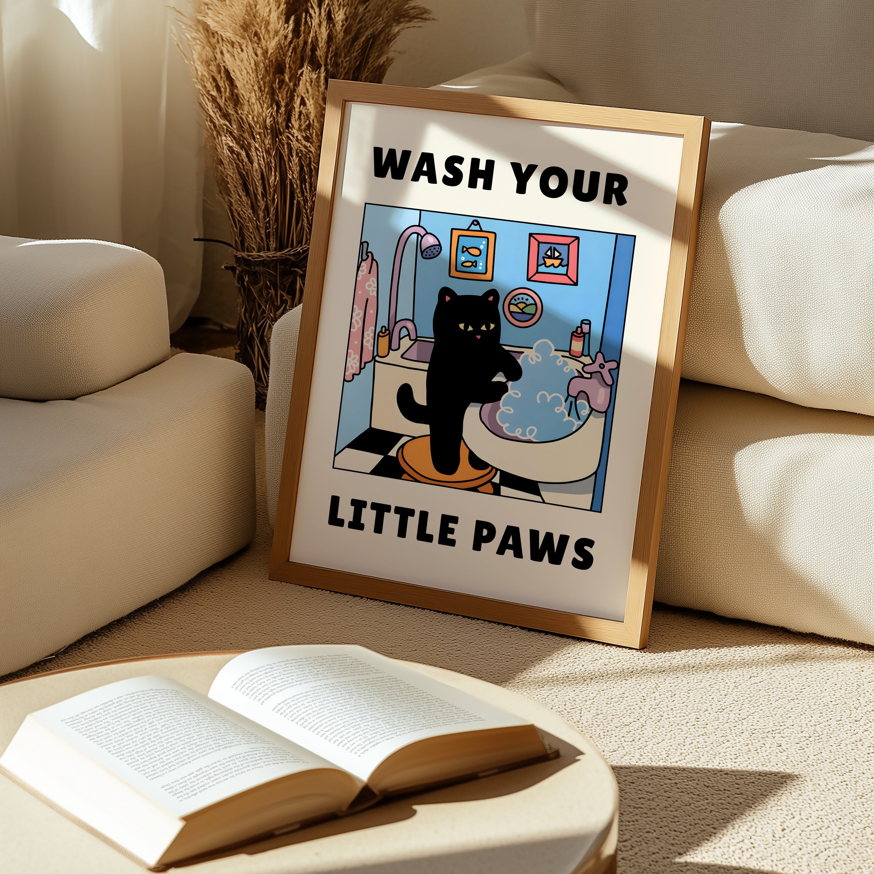 Wash Your Little Paws poster inramad i stilren miljö – Bozetto konsttryck i hög kvalitet