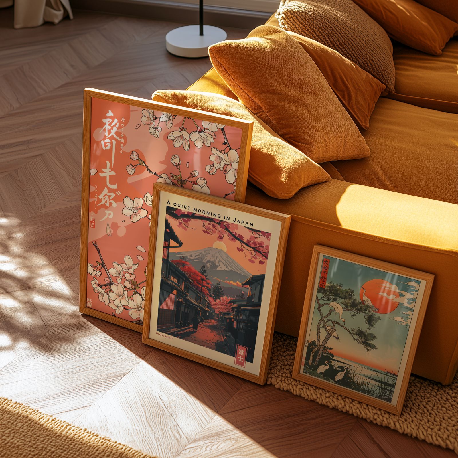 Tre inramade Bozetto "Bundle 3-pack Japandi No. 5"-affischer vilar mot en orange soffa på ett trägolv, med körsbärsblommor, Fuji-berget och en röd sol som strålar in i det varma solljuset.