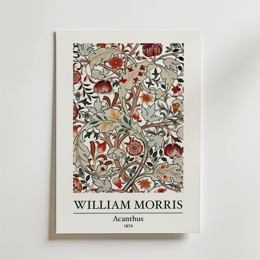 Bozetto William Morris Acanthus Poster visar det ikoniska akantusbladsmönstret från 1874 i jordnära toner på vitt, med titel och konstnär nedan - ett konstverk av tidlös harmoni.