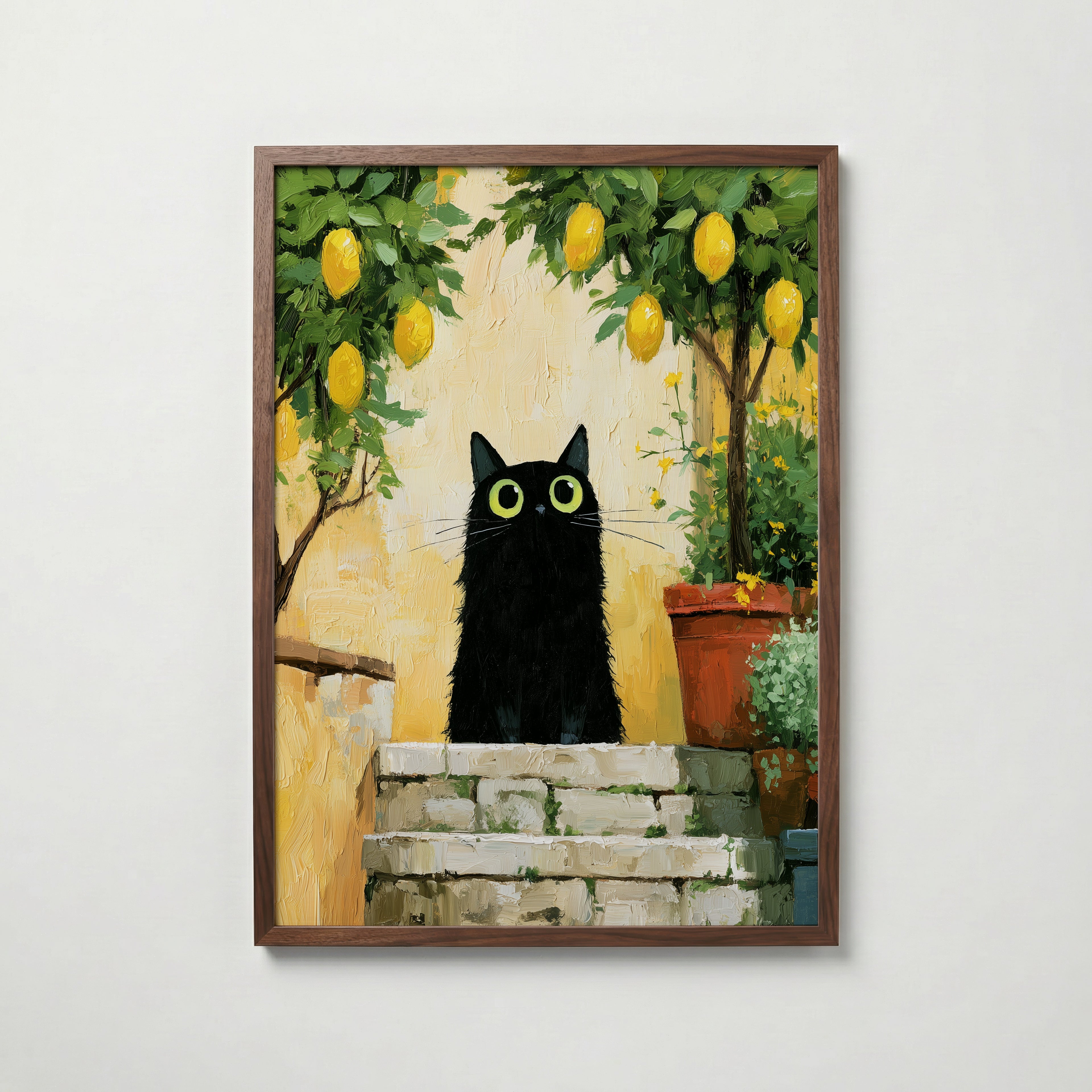 Cat in Lemon Garden Poster i valnotsram fran Bozetto