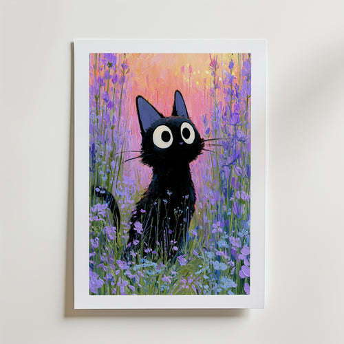 Cat in Violette Meadow Poster – med passepartout