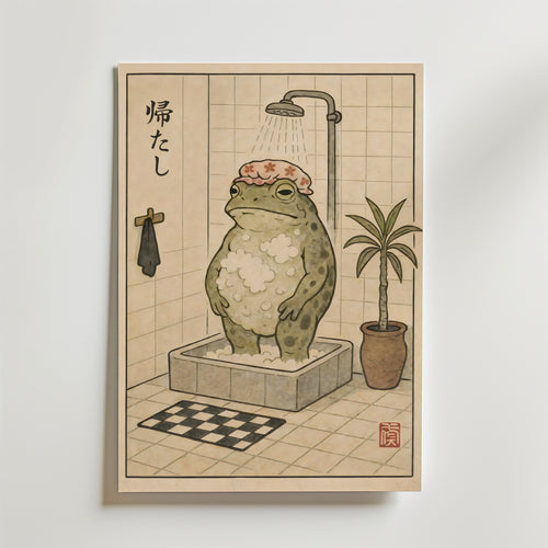 Evening Shower Frog Poster – En stillsam och humoristisk illustration av en groda som tar en lugn dusch i ett enkelt
