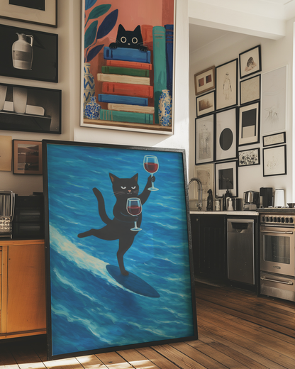 Surfing Wine Cat Poster