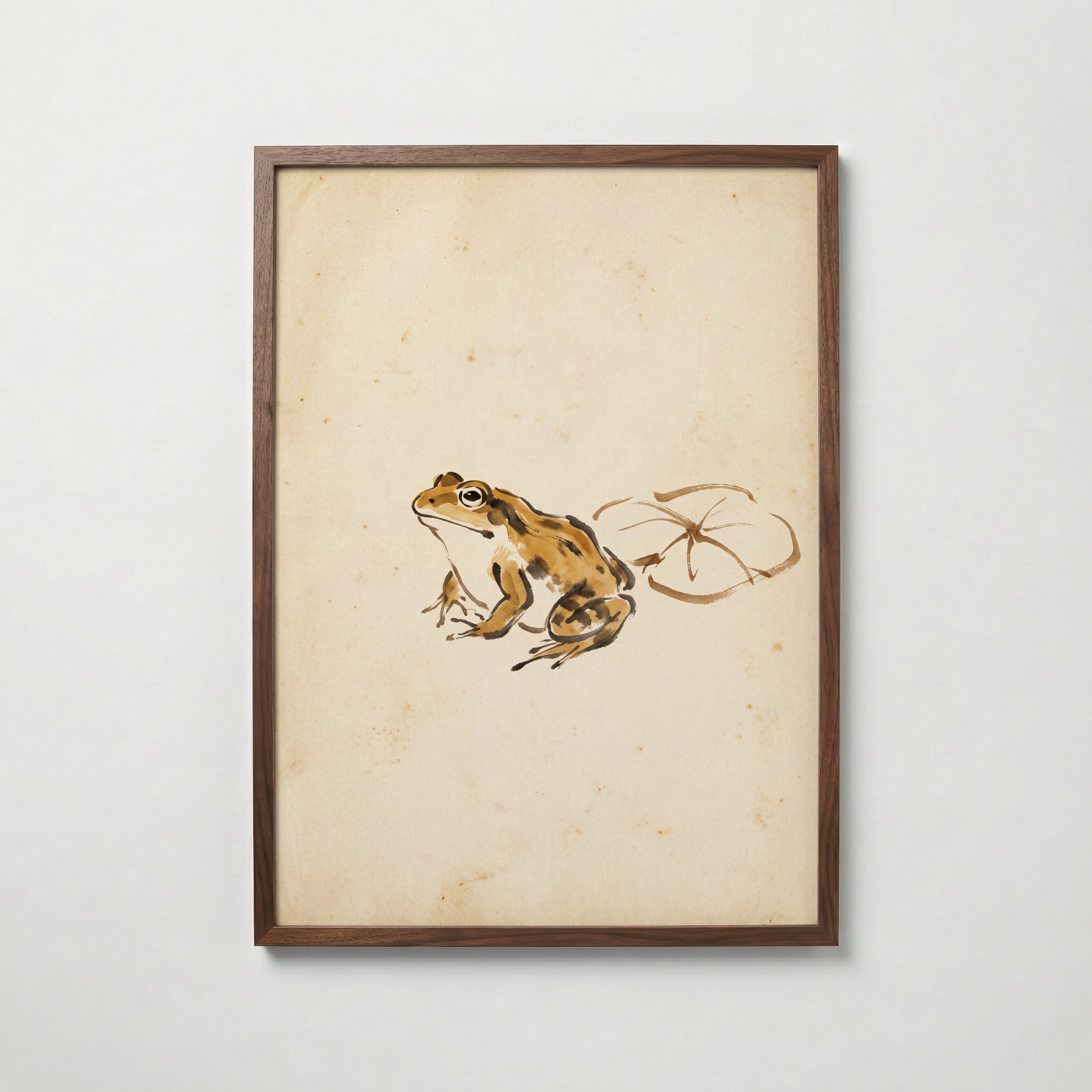 Ochre Zen Pond Poster i valnötsram med stillsam japansk bläckkonst