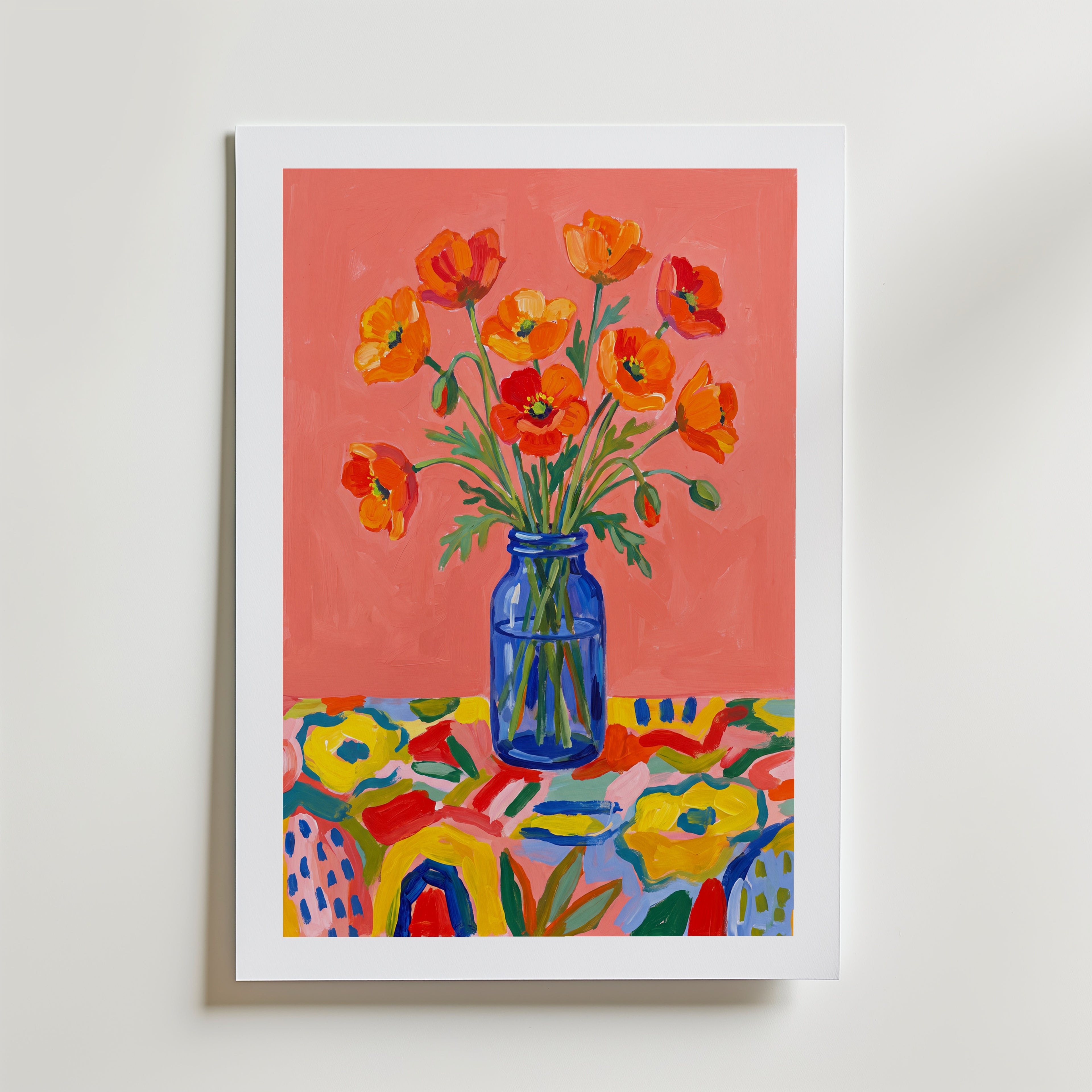 Poppies in Blue Poster – med passepartout