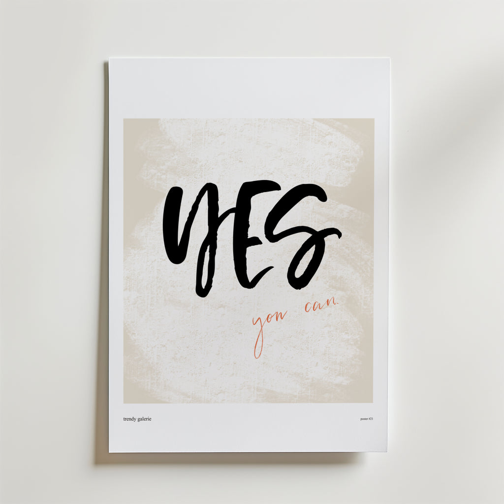 Yes You Can Poster by Bozetto har en djärv svart och kursiv orange text på en beige och vit texturerad bakgrund, vilket skapar en minimalistisk, inspirerande konst som är perfekt som motiverande väggdekor.